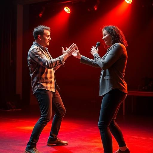 Acteur improviseert met een medespeler op een podium