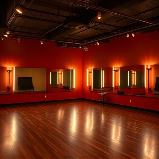 Comfortabele oefenruimte met theaterverlichting en spiegels