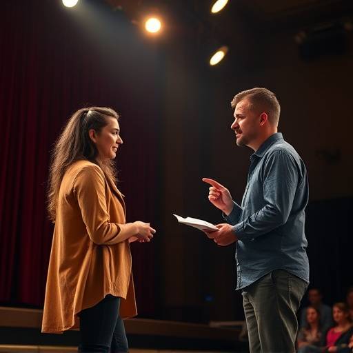 Docent geeft aanwijzingen aan een student op een theaterpodium