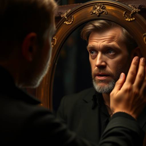 Een acteur oefent expressieve gezichtsuitdrukkingen voor een spiegel