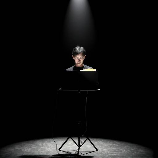 Monoloog op een lessenaar met een spotlight erop